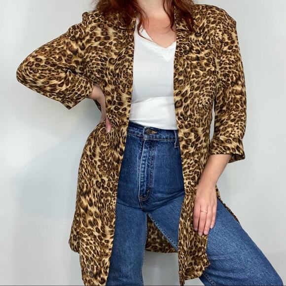 Vintage 90s Studio 1 Plus Size 16 Neutral Leopard Cheetah Print Duster Blouse - Picture 3 of 11